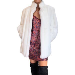 Vintage Tissavel France Faux Fur Coat Tan Beige Ivory Oversized Acrylic Jacket